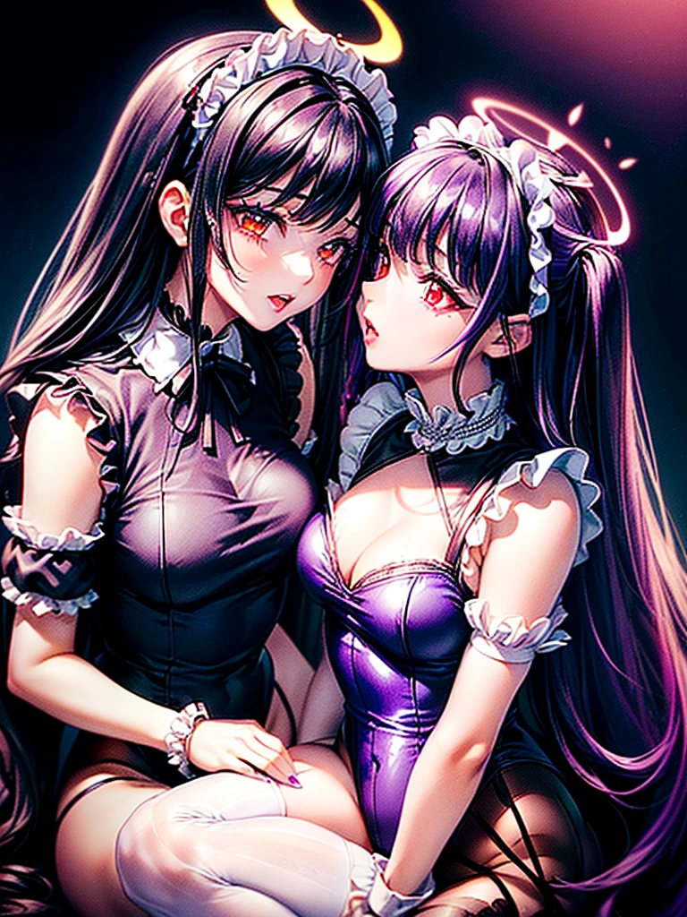 Highest quality,Highest Resolution,(((A beautiful black-haired girl with beautiful white eyes in a maid leotard)))and(((A beautiful purple-haired girl with beautiful red eyes wearing a gothic ta leotard)))are having sex in the sitting position,kiss,saliva,(((Halo))),Tears,