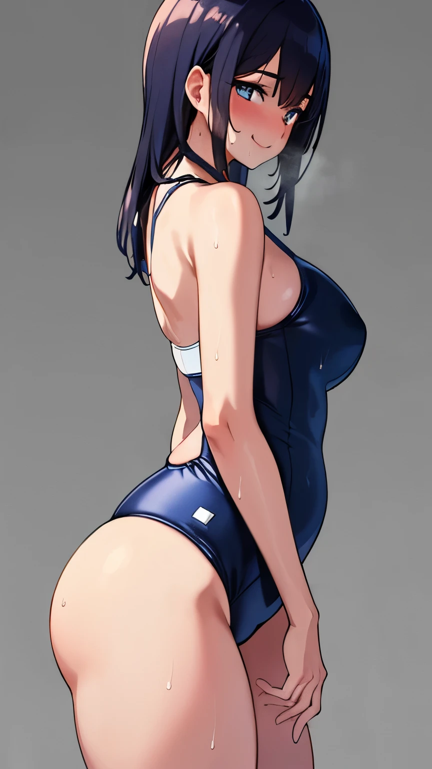 Anime Girls, (masterpiece, highest quality, 8K ultra-high resolution:1.4), gleaming skin, beautiful detailed eyes, ultra-detailed, cowboy shot
1girl. solo, mature, adult, milf, facing viewer, 
looking at viewer,
smile, horny, sweat, nervous, 
((school swimsuit)), Highly detailed glossy skin, Dark blue one-piece swimsuit, (Swimsuit with wet and shiny details: 1.2), big butts, thick thighs,
grey background, simple background, 