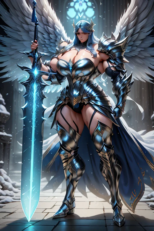 ((Massive beautiful, buff, pale white skinned muscular paladin woman with royal blue hair, giant angel wings, black lipstick, ginormous bulky muscles, carrying a giant sword and wearing angel white paladin knight armored with a long tiered skirt)), ((close view)), large breast, (massive muscles), massive biceps, hyper muscle shoulders, hyper muscle triceps, (long curly wavy hair), (giant angel wings), white eyes, (Paladin boots), (angel metal armor), holy breastplate, (angel gauntlets), (holy Shoulder armor), closed smile, (in a heavenly castle), snowfall, Vascular arms, hyper muscles arms, hyper muscle legs, massive arms.