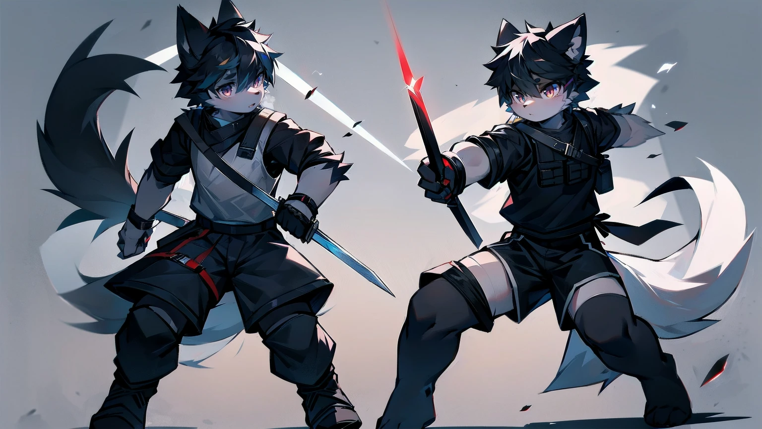 White Wolf,black hair,Red eyes,Wolf ears,Wolf Tail,juvenile,male,hairy,Hair,Half body armor,Combat uniform,Silver and black clothing,Handsome,Handsome,shorts,The forearm is exposed,leg,Fighting Stance,Duel,Two people,Anxious,Armed with a sword,Simple background,Swords