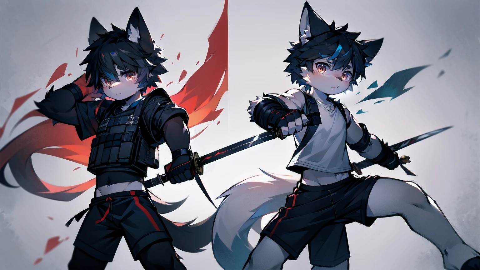 White Wolf,black hair,Red eyes,Wolf ears,Wolf Tail,juvenile,male,hairy,Hair,Half body armor,Combat uniform,Silver and black clothing,Handsome,Handsome,shorts,The forearm is exposed,leg,Fighting Stance,Duel,Two people,Anxious,Armed with a sword,Simple background,Swords