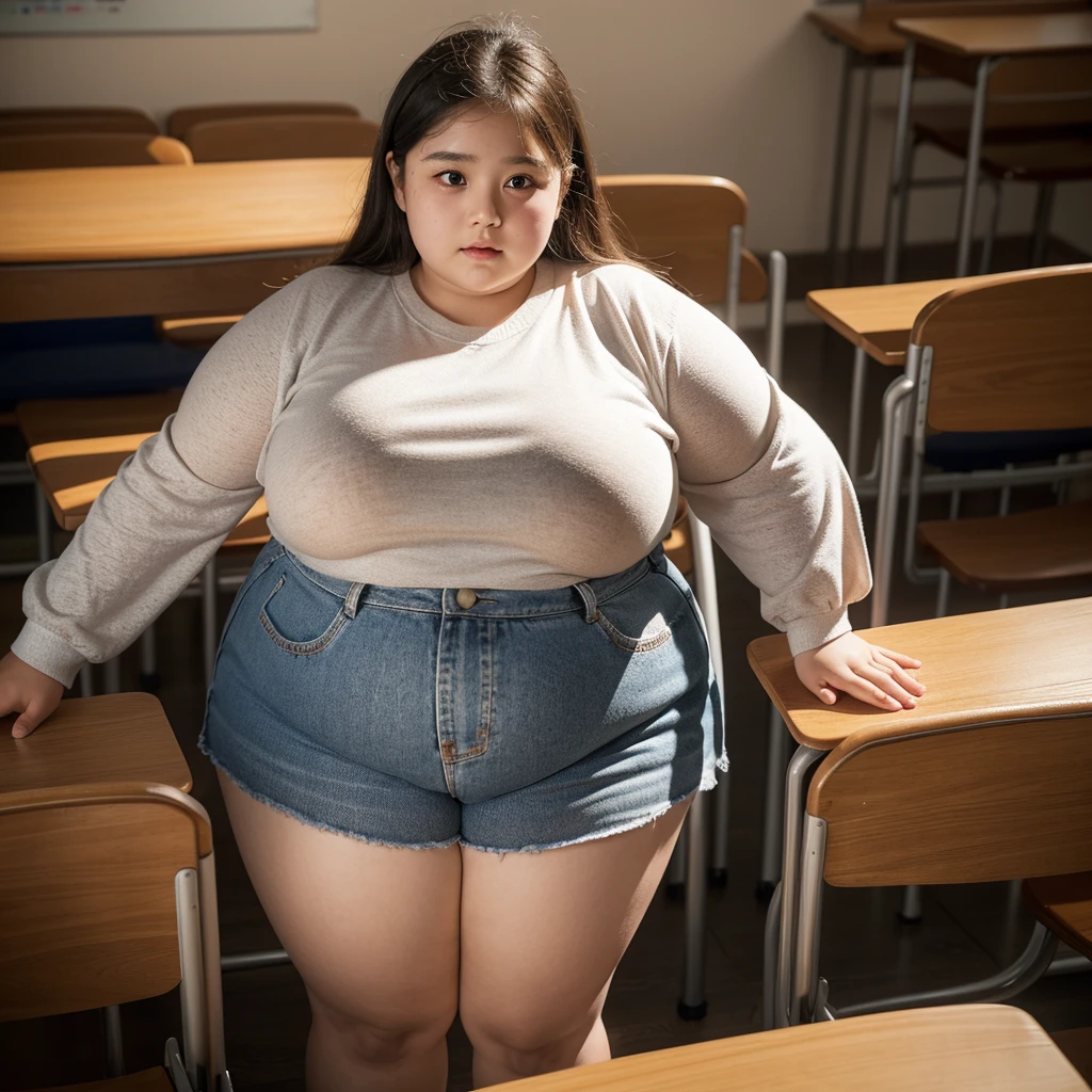 Group a  obese girl, chubby cheeks, round face, double chin, thick arms and legs, wearing a , standing in a school setting, realistic, detailed, highly detailed, intricate details, photorealistic, 8k, masterpiece, cinematic lighting, dramatic shadows, vibrant colors