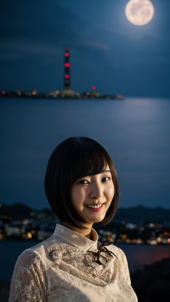 20-year-old, 8K, RAW Portrait (Japanese Girls), photo Realistic, Ultra-high resolution, Highest quality, Actual photo , dramatic, Atmospheric, Realistic,
One girl, a very beautiful Japanese Girls, Glamorous shot of a girl, smile,Bobcut,Textured skin,Gorgeous dress,Party,(night),Standing,lips,Big and beautiful eyes, Beautifully detailed nose,,Big Breasts,View your viewers,