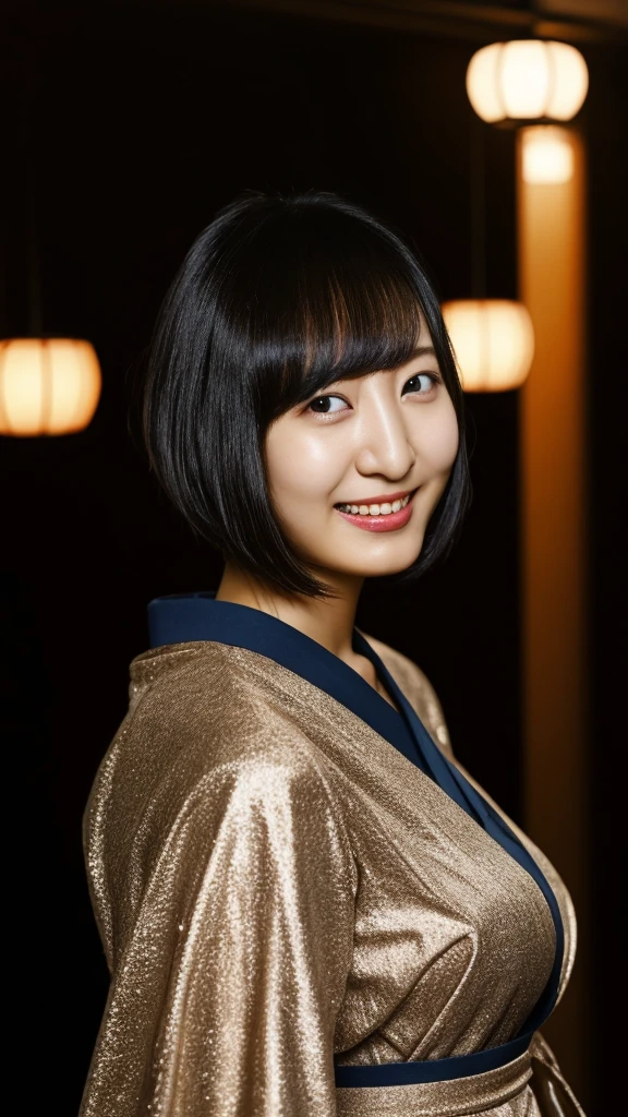 20-year-old, 8K, RAW Portrait (Japanese Girls), photo Realistic, Ultra-high resolution, Highest quality, Actual photo , dramatic, Atmospheric, Realistic,
One girl, a very beautiful Japanese Girls, Glamorous shot of a girl, smile,Bobcut,Textured skin,Gorgeous dress,Party,(night),Standing,lips,Big and beautiful eyes, Beautifully detailed nose,,Big Breasts,View your viewers, 