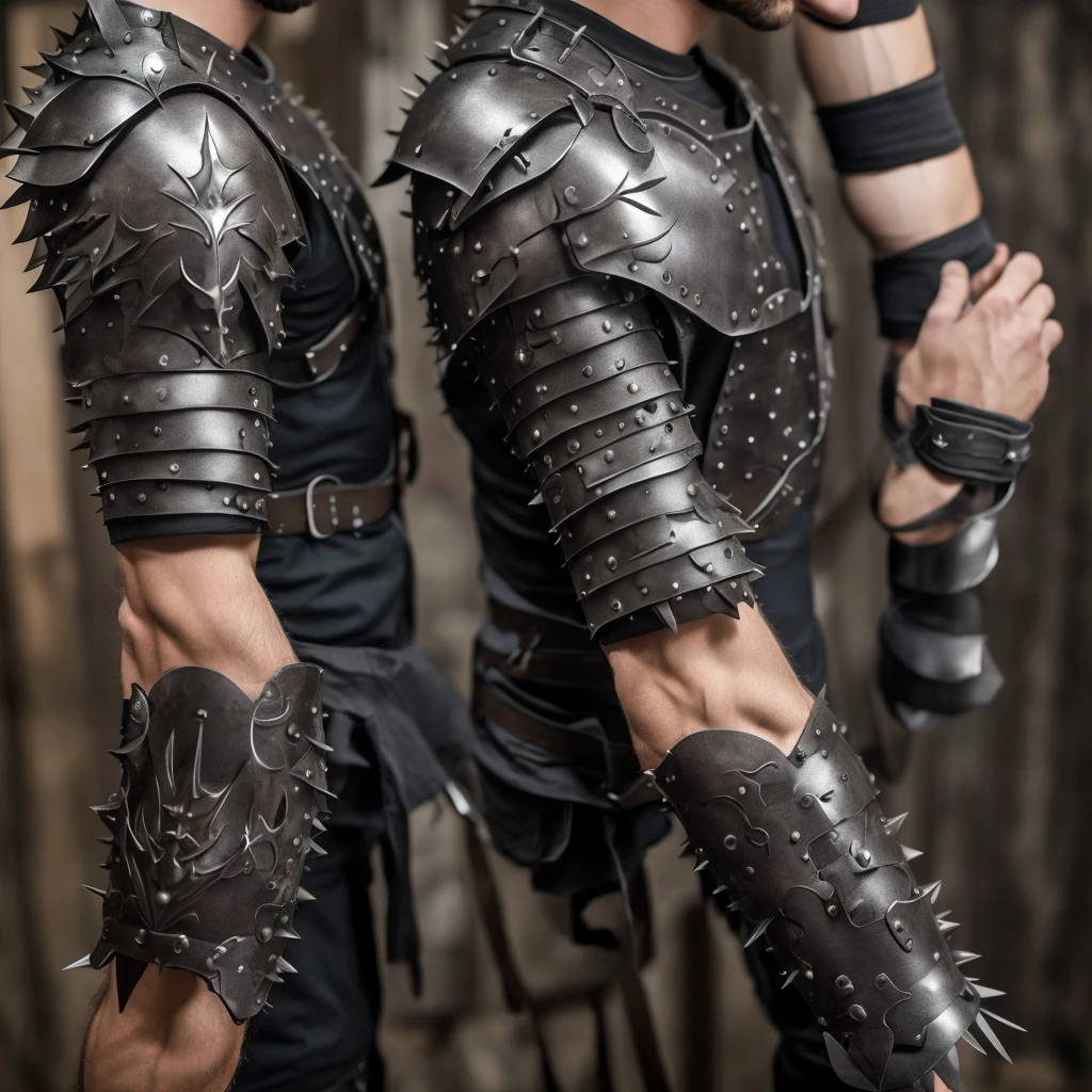 ten mens, gris, brawny, light leather armor, black spiky hair, left arm prosthesis, Mediovale, forst