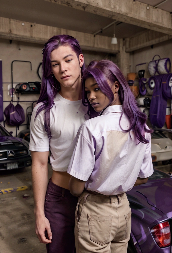 Work of art, best quality, realistic, 1 man, young man, charming, 19 years old, dark skin, half-closed eyes, smirk, extremely detailed face, ((red iris color)), ((Purple hair mullet style)), back of a garage full of cars, cinematic, wearing a white shirt, beige pants, hands in pockets.