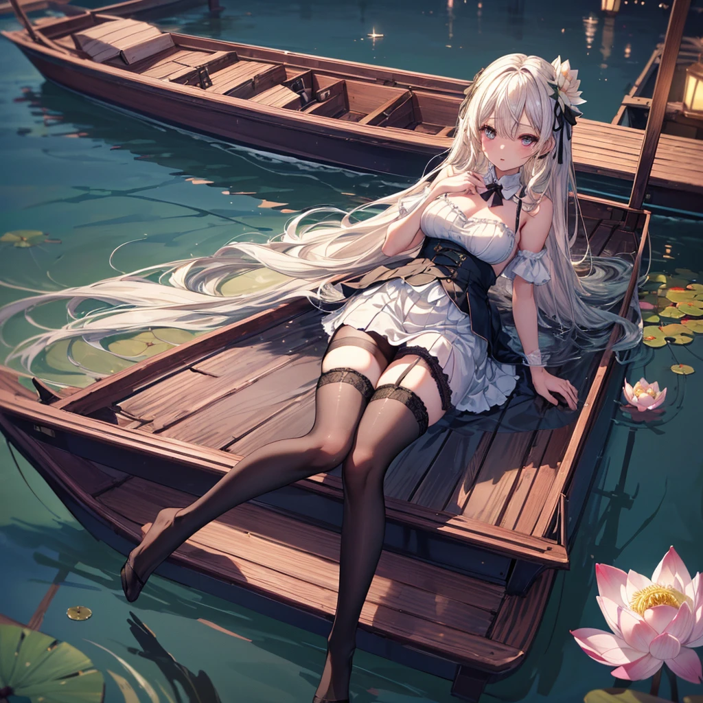 A young girl lying comfortably on a boat, looking up at the starry night sky filled with colorful flowers surrounding the boat, reflecting the bright moon on the lake surface, distant cherry blossom scenery in the background, medium and long distance view, deep depth of field, detailed details. High resolution image, vivid colors, dreamy atmosphere, romantic scene, beautiful night sky, blooming flowers, reflection of the moon on the lake, distant cherry blossoms, serene environment, peaceful mood, starry sky, flower decoration, boat ride, comfortable position, young girl's innocence, tranquility., eluosi, blackpantyhose, qiqiu, 1girl