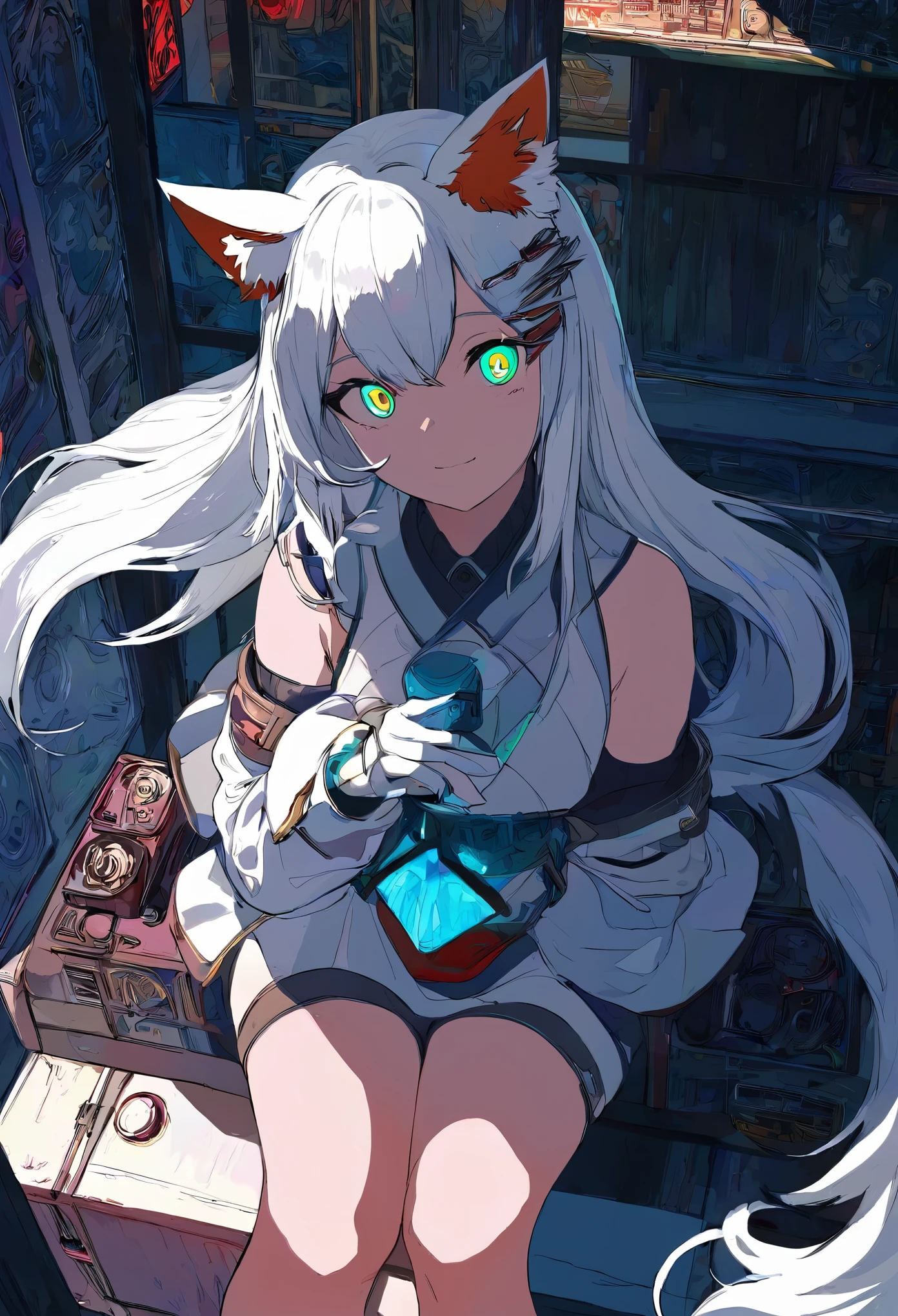 Capturing the essence of futurism,, shadow over face, And the flashing lights of electronic devices. The art is very realistic,Cyberpunk面具,1 Girl, Shrine maiden,Fox Mechanical Mask,Cyberpunk, Cyberpunk面具,Precision mechanics, summer,Shrine maiden服, Big Perspective,Overlooking,Sitting and looking up at the camera,Close shot,Focus on the characters,精致的design感,Simplicity,design,Black and White,No background,Simplicity的空白背景