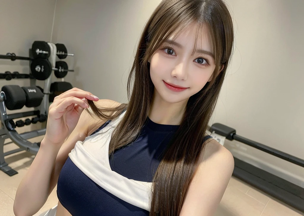 ((Best Quality, 8K, Masterpiece: 1.3)), 1girl, Slim Abs Beauty: 1.3, (long Hairstyle Casual, small Breasts: 1.2), training wear, Super Fine Face, Delicate Eyes, Double Eyelids, Smile, at gym