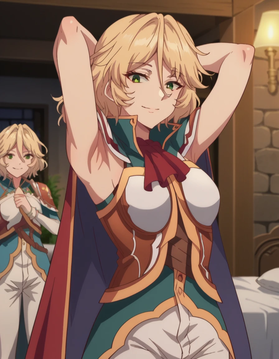 arms behind head, contrapposto, masterpiece, absurdres , spread armpits, smile, upper body,  score_9, score_8_up, score_7_up, source_anime, healerblade, blade, blonde hair, green eyes, short hair, hair between eyes,  pants, cape, white pants, indoors, bed, bed room, on side, looking at viewer