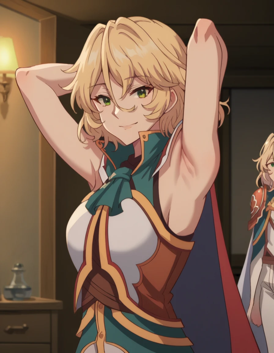 arms behind head, contrapposto, masterpiece, absurdres , spread armpits, smile, upper body,  score_9, score_8_up, score_7_up, source_anime, healerblade, blade, blonde hair, green eyes, short hair, hair between eyes,  pants, cape, white pants, indoors, bed, bed room, on side, looking at viewer