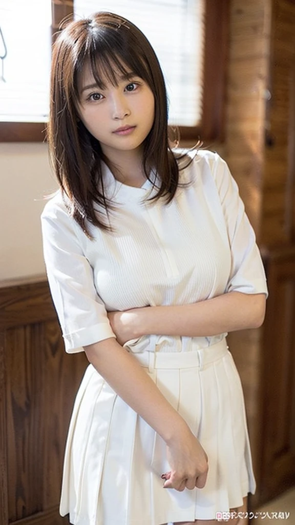 Photo-realistic quality、A woman in a white blouse is holding a golf club, Japanese girls uniform, Cute school girl, Realistic young gravure idol, Young and cute gravure idol, High school girl posing, Surreal , Young and skinny gravure idol,Girl wearing short-sleeved blouse, Japanese Model、Sheer white blouse