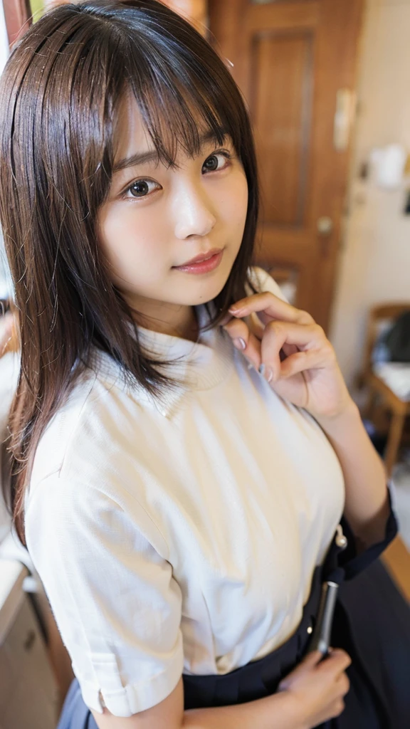Photo-realistic quality、A woman in a white blouse is holding a golf club, Japanese girls uniform, Cute school girl, Realistic young gravure idol, Young and cute gravure idol, High school girl posing, Surreal , Young and skinny gravure idol,Girl wearing short-sleeved blouse, Japanese Model、Sheer white blouse