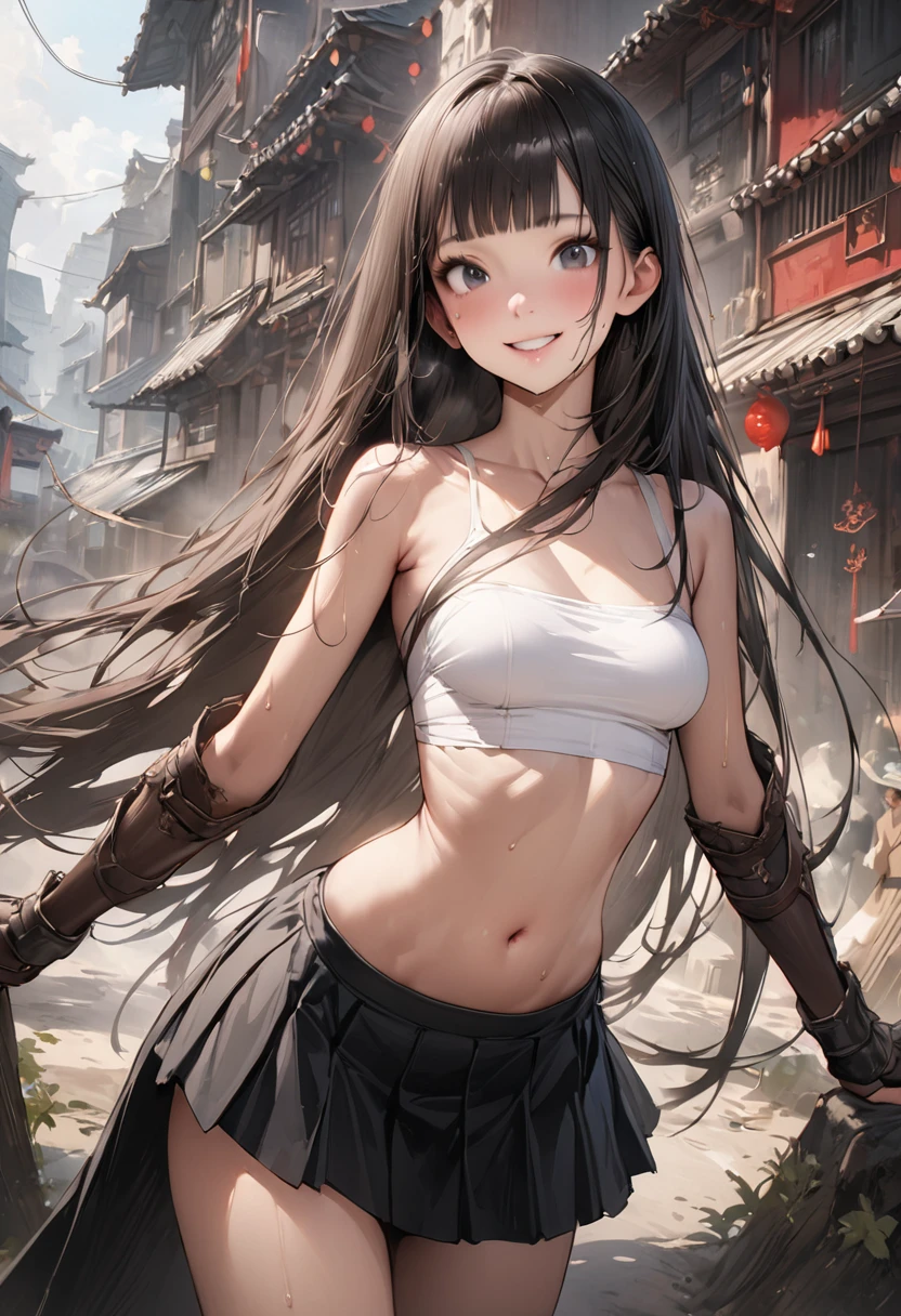 (((masterpiece,Highest quality:1.3,best quality illustration))),(realistic),cowboy shot,独奏,1woman,(18 year old beauty),black hair,long hair,bangs,black eyes,gorgeous big eyes,((very small head:1.3)),smile,((very long body:1.2,skinny)),medium breasts,(White tube top shirt、navel、Black pleated mini skirt),Brown leather gauntlets,Sneakers,sweat,gleaming skin,toned body,slender body、Ruined town、End of the World、