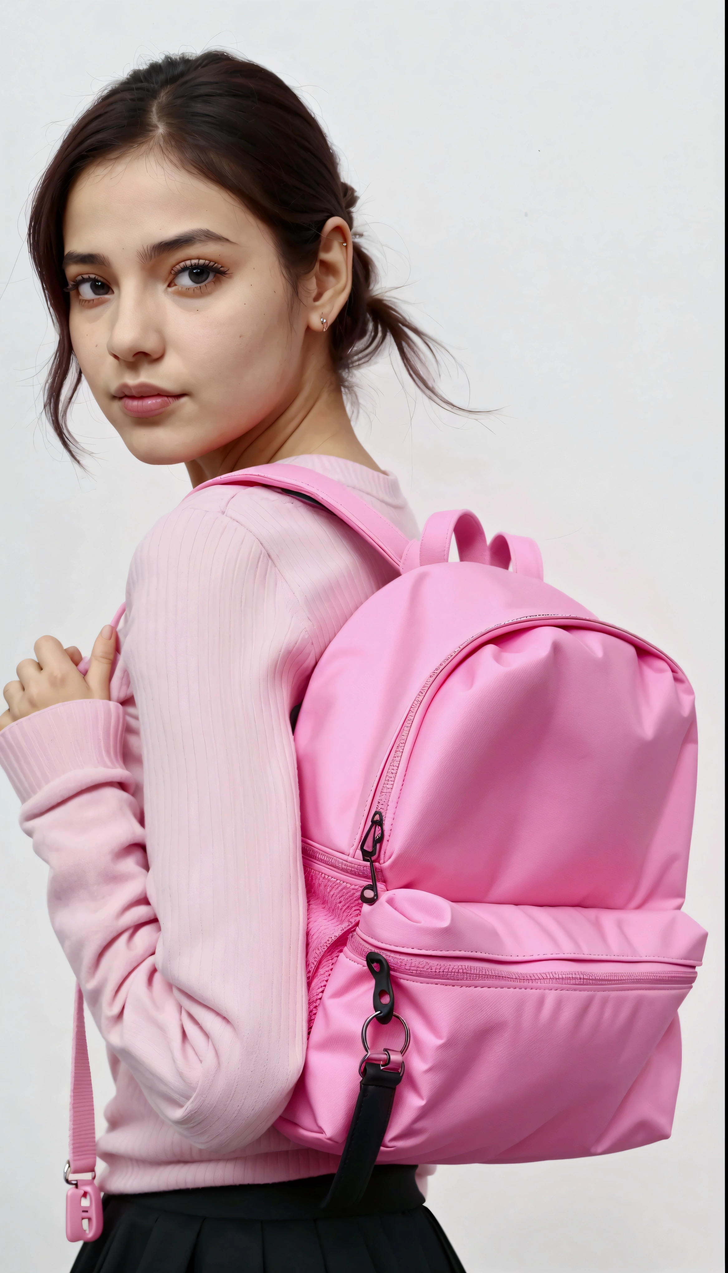 a woman in a pink sweater and black skirt holding a pink Mochila, Mochila, o saco da escola, a Mochila, with a Mochila, wearing strawberry Mochila, néon rosa pastel, Rosa neon, roupas rosa, Rosa, dayglo rosa, vibração rosa, bolsas, detalhes rosa e rosa, 🤬 🤮 💕 🎀, imagem de perfil, detalhes em rosa, um pouco de rosa