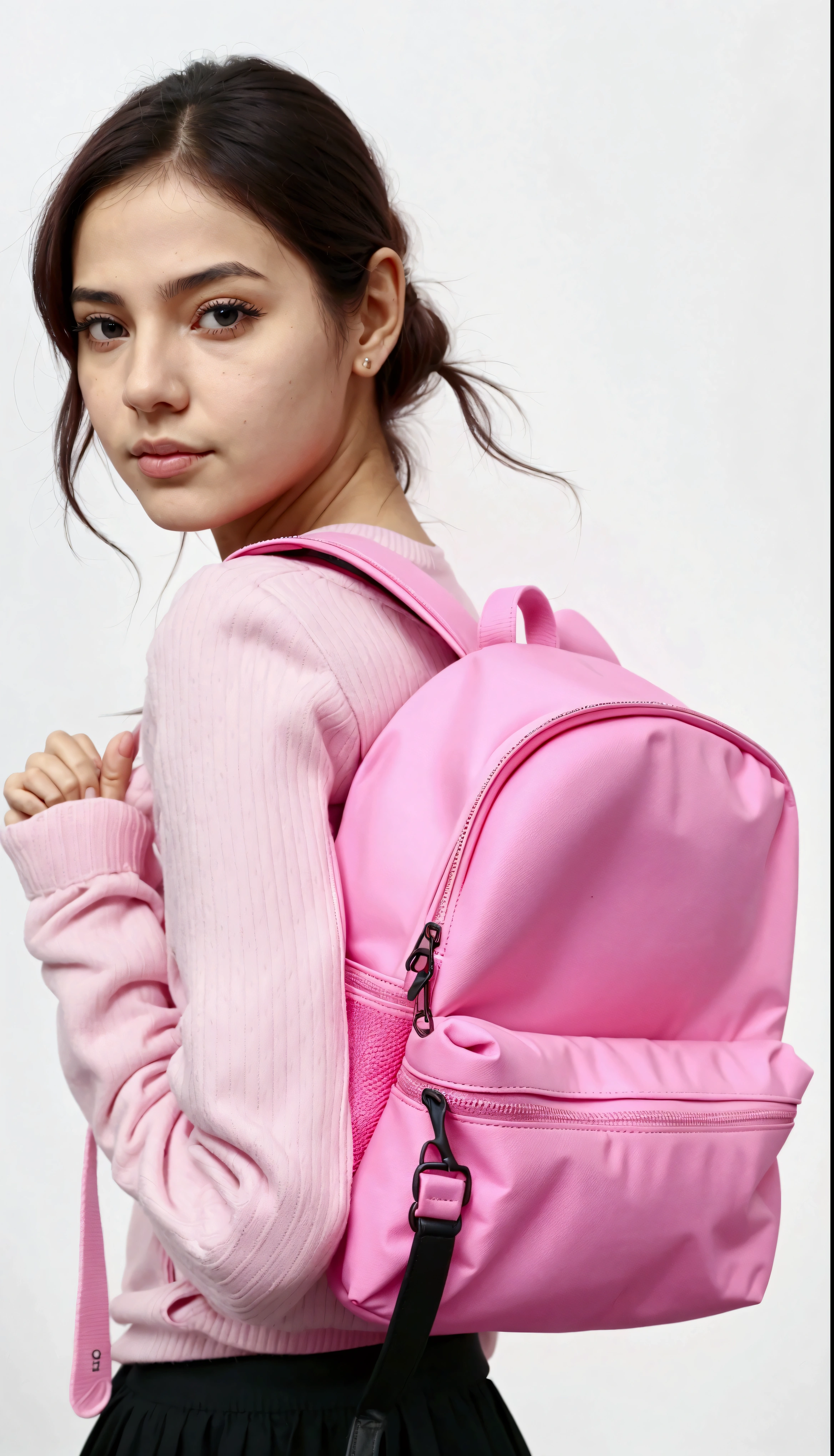 a woman in a pink sweater and black skirt holding a pink Mochila, Mochila, o saco da escola, a Mochila, with a Mochila, wearing strawberry Mochila, néon rosa pastel, Rosa neon, roupas rosa,  Rosa, dayglo rosa, vibração rosa, bolsas, detalhes rosa e rosa, 🤬 🤮 💕 🎀, imagem de perfil, detalhes em rosa, um pouco de rosa