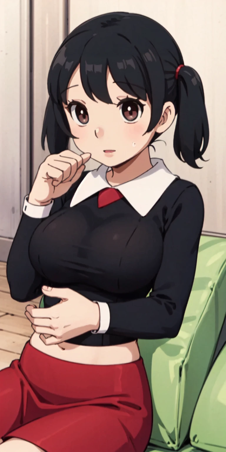 1girl, solo, upper body, red skirt, black hair, twintails, large breasts, short twintails, backrest on sofa,