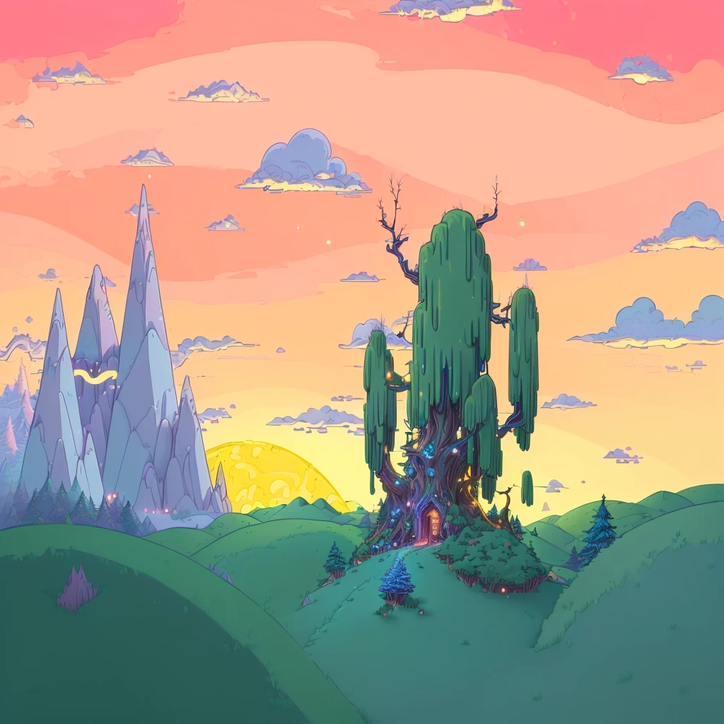 (best quality,4k,8k,highres,masterpiece:1.2), ultra-detailed, detailed landscape,adventure time-inspired night scene,lofi cartoon art style,vivid colors,dramatic lighting,mystical atmosphere,magical elements,whimsical details,fantastical ,enchanted forest,glowing fireflies,crescent moon,starry sky,flowing river