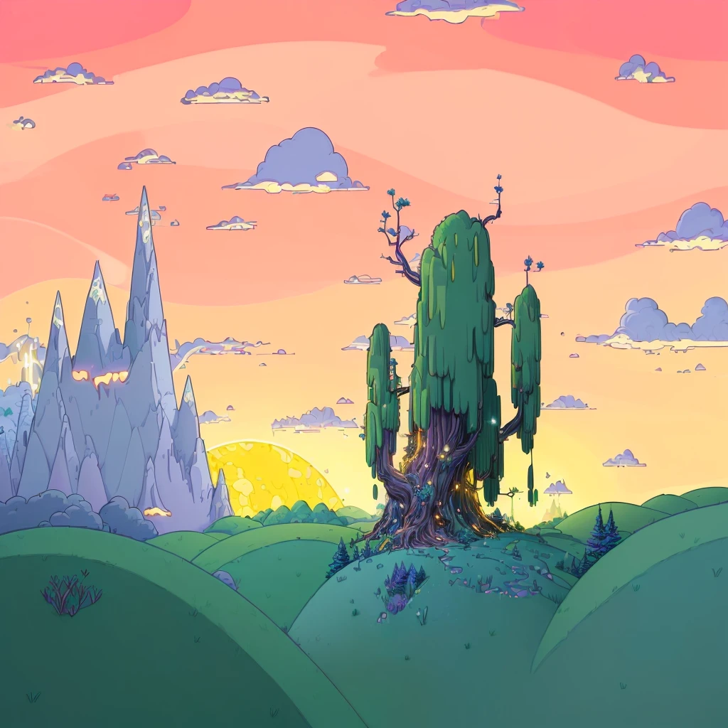 (best quality,4k,8k,highres,masterpiece:1.2), ultra-detailed, detailed landscape,adventure time-inspired night scene,lofi cartoon art style,vivid colors,dramatic lighting,mystical atmosphere,magical elements,whimsical details,fantastical ,enchanted forest,glowing fireflies,crescent moon,starry sky,flowing river
