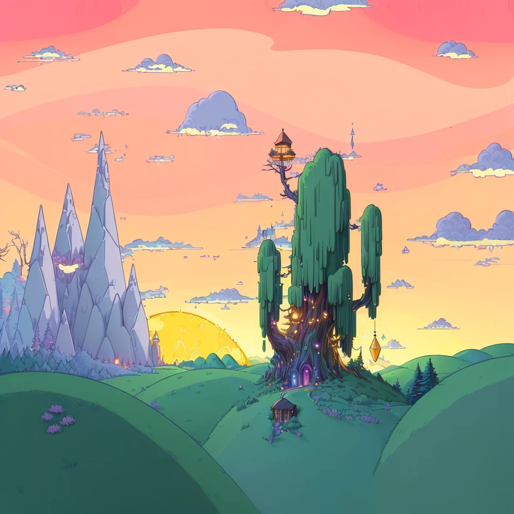 (best quality,4k,8k,highres,masterpiece:1.2), ultra-detailed, detailed landscape,adventure time-inspired night scene,lofi cartoon art style,vivid colors,dramatic lighting,mystical atmosphere,magical elements,whimsical details,fantastical ,enchanted forest,glowing fireflies,crescent moon,starry sky,flowing river