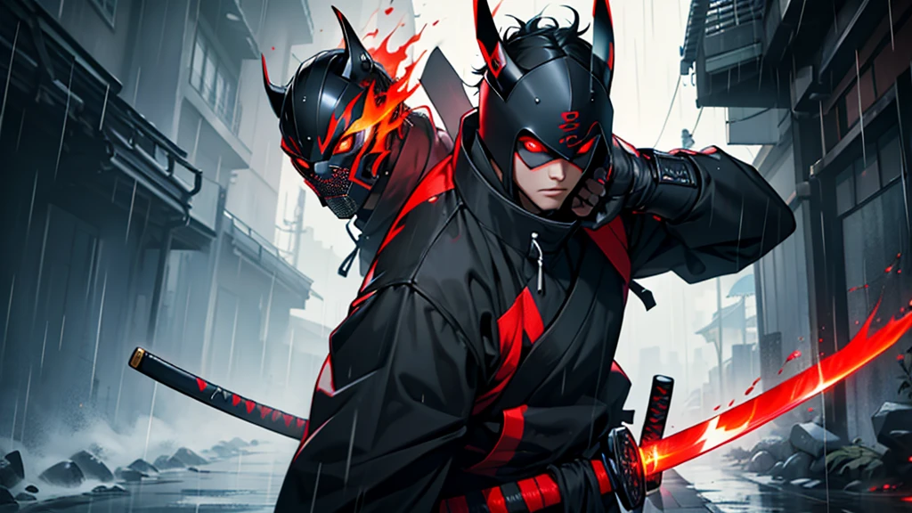create black cyber samurai with red fire eye, mask and katana in the middle of rain