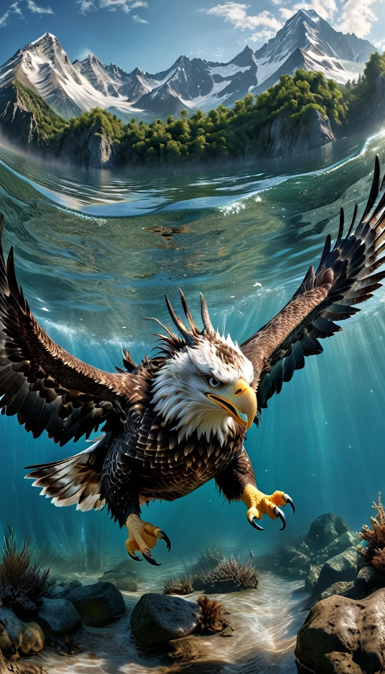 Panorama,There is a beast in the water,Looks like an eagle,The head has double horns(best quality,4K,8K,High level,masterpiece:1.2),Ultra Detailed,(lifelike,Photo real,Photo real:1.37),Highly detailed animals,Complex patterns,Realistic lighting,Fantasy Creatures