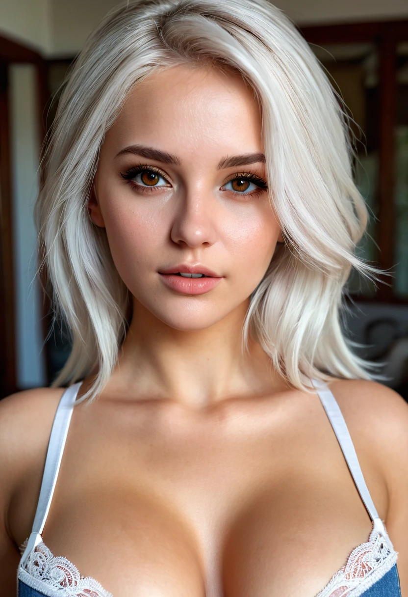 realistic, detailed, realistic details, intricate detail,a beautifull girl, face detail, brown eyes, white hair, color caucasian type, jean, bra, in a modern villa, shadows, extremely beautiful, cute, detailed face, detailed skin complexion, beautiful eyes , blemish on the skin