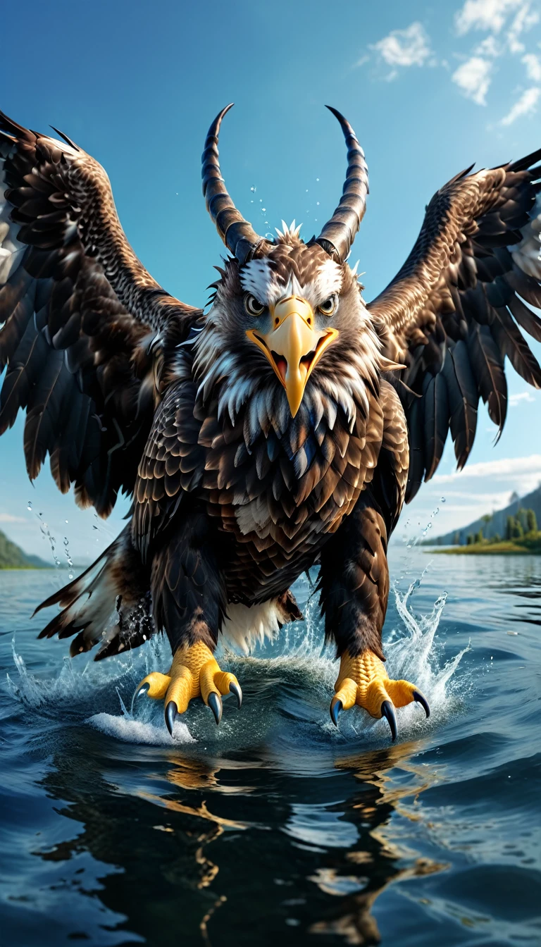 Panorama，There is a beast in the water，Looks like an eagle，The head has double horns（best quality，4K，8K，High level，masterpiece：1.2），Ultra Detailed，（lifelike，Photo real，Photo real：1.37），Highly detailed animals，Complex patterns，Realistic lighting，Fantasy Creatures