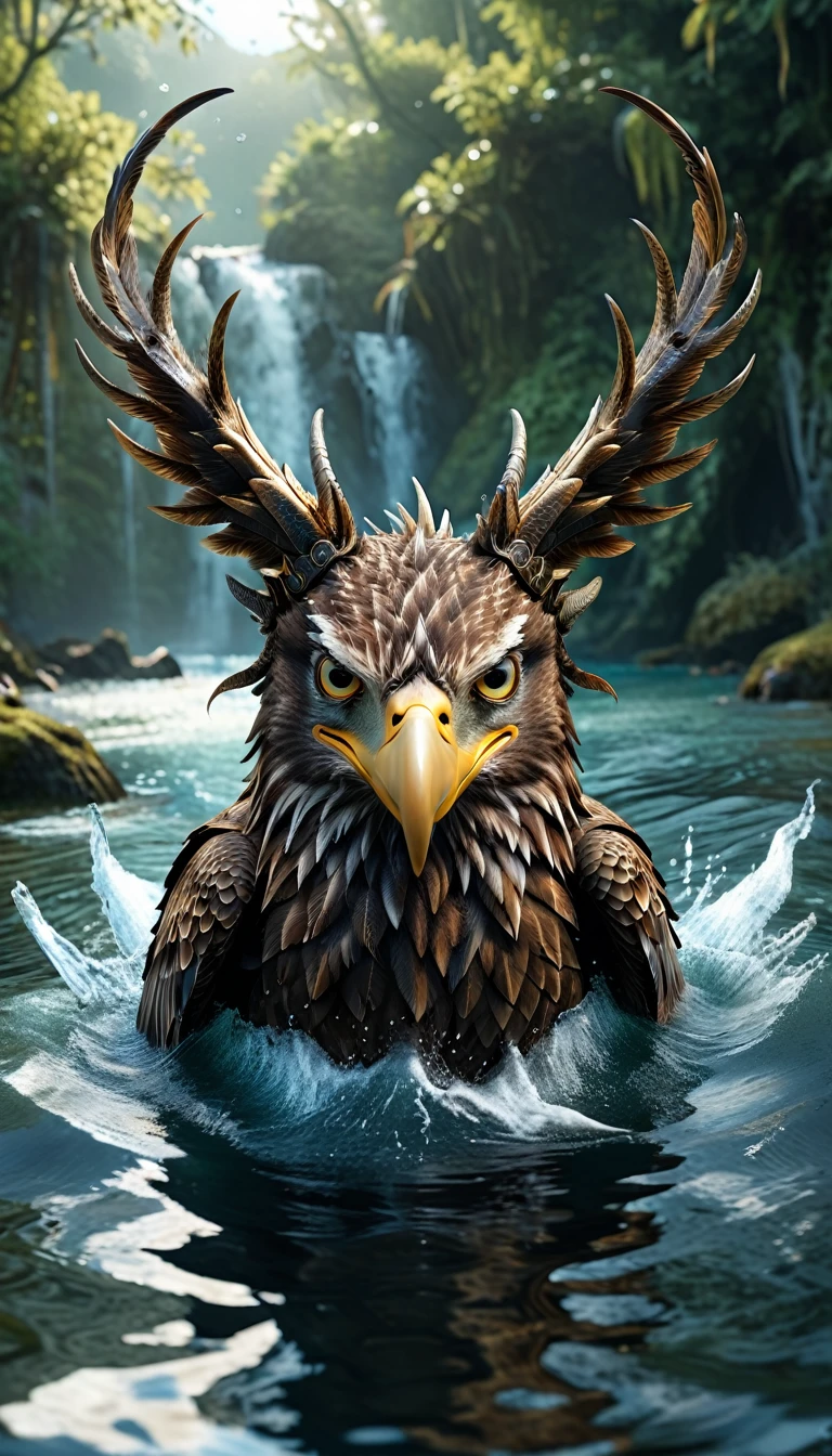 Panorama，There is a beast in the water，Looks like an eagle，The head has double horns（best quality，4K，8K，High level，masterpiece：1.2），Ultra Detailed，（lifelike，Photo real，Photo real：1.37），Highly detailed animals，Complex patterns，Realistic lighting，Fantasy Creatures