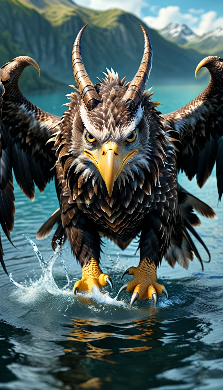 Panorama，There is a beast in the water，Looks like an eagle，The head has double horns（best quality，4K，8K，High level，masterpiece：1.2），Ultra Detailed，（lifelike，Photo real，Photo real：1.37），Highly detailed animals，Complex patterns，Realistic lighting，Fantasy Creatures