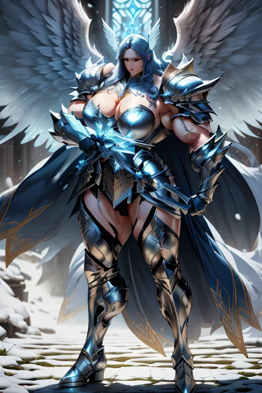 ((Massive beautiful, buff, pale white skinned muscular paladin woman with royal blue hair, giant angel wings, black lipstick, ginormous bulky muscles, carrying a giant sword and wearing angel white paladin knight armored with a long tiered skirt)), ((close view)), large breast, (massive muscles), massive biceps, hyper muscle shoulders, hyper muscle triceps, (long curly wavy hair), (giant angel wings), white eyes, (Paladin boots), (angel metal armor), holy breastplate, (angel gauntlets), (holy Shoulder armor), closed smile, (in a heavenly castle), snowfall, Vascular arms, hyper muscles arms, hyper muscle legs, massive arms.