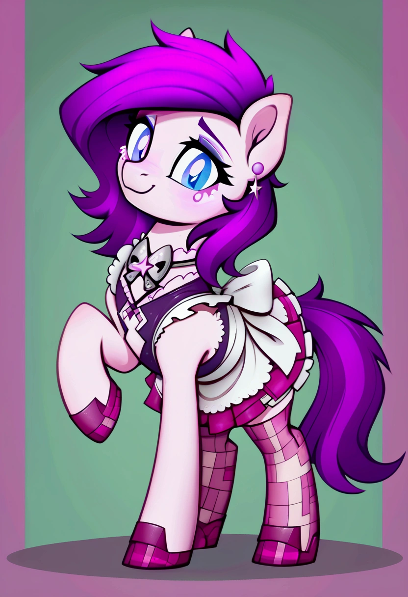 score_9,score_8_up,score_7_up,score_6_up, ((my little pony)), radiant lighting, vibrant colors, whimsical atmosphere, 8K, high resolution, highly detailed, masterpiece, (shy look), ((pony body)), white body, magenta hair, blue eyes, (maid costume), striped stockings, star pendant, earrings, eyeshadow