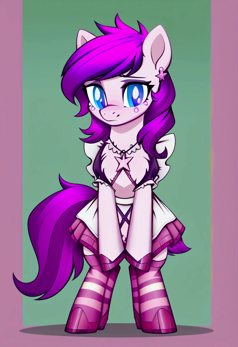 score_9,score_8_up,score_7_up,score_6_up, ((my little pony)), radiant lighting, vibrant colors, whimsical atmosphere, 8K, high resolution, highly detailed, masterpiece, (shy look), ((pony body)), white body, magenta hair, blue eyes, (maid costume), striped stockings, star pendant, earrings, eyeshadow
