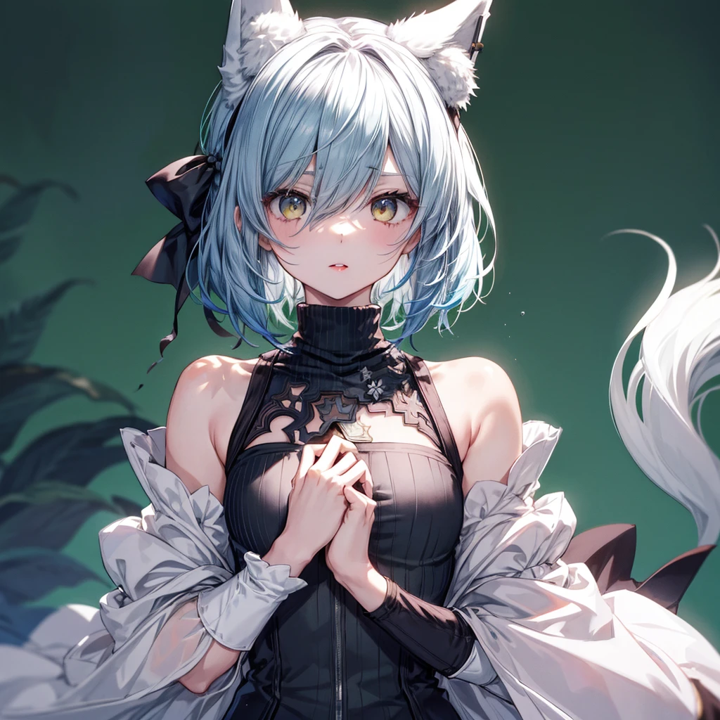 One girl, Wow, (Blindfold), chest, chestの谷間, chestの谷間 cutout, Dress cutout, Green background, Hair between the eyes, head band, High resolution, Juliet Sleeve, Long sleeve, Nier (series), Nier automata, Fluffy sleeves, Red lips, Shadow Face, short hair, alone, Turtleneck sweater, Upper Body, l Blue hair, null, White fox ears, White fox tail, nine tailed fox,