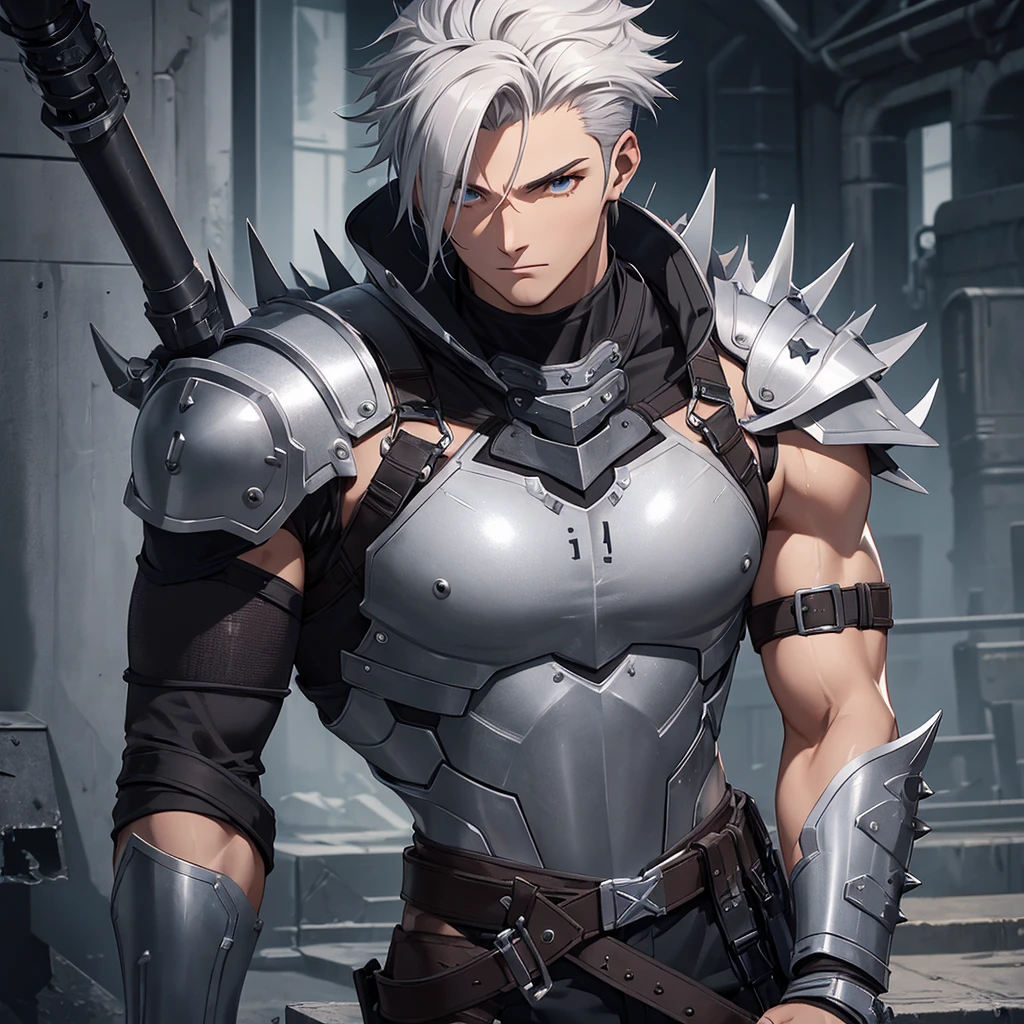 ten mens, gris, brawny, light leather armor, black spiky hair, left arm prosthesis, Mediovale, forst