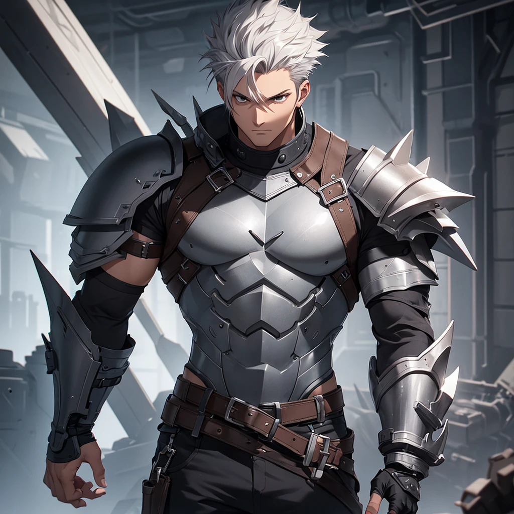 ten mens, gris, brawny, light leather armor, black spiky hair, left arm prosthesis, Mediovale, forst