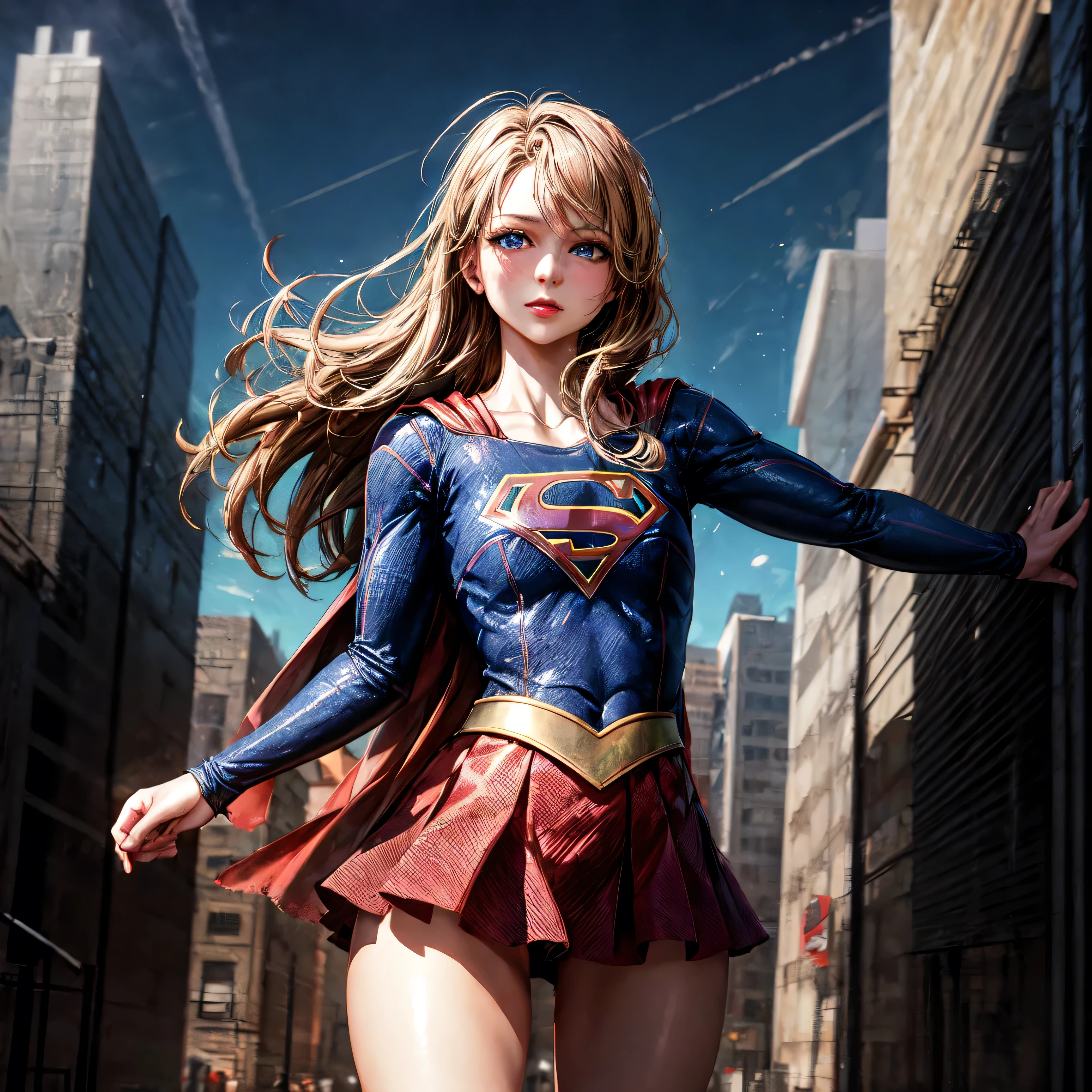 1girl, (solo), cowboy_shot, medium_shot, mid_shot, thighs, looking at viewer, Look directly, supergirl, supergirl, suit, long gold hair, blue eyes, lipstick, small size, city, building, flying, naked vagina, (days), (very sexy body, detailed face, masterpiece, highly detailed, 8k, best quality, vibrant colors, digital art, concept art)