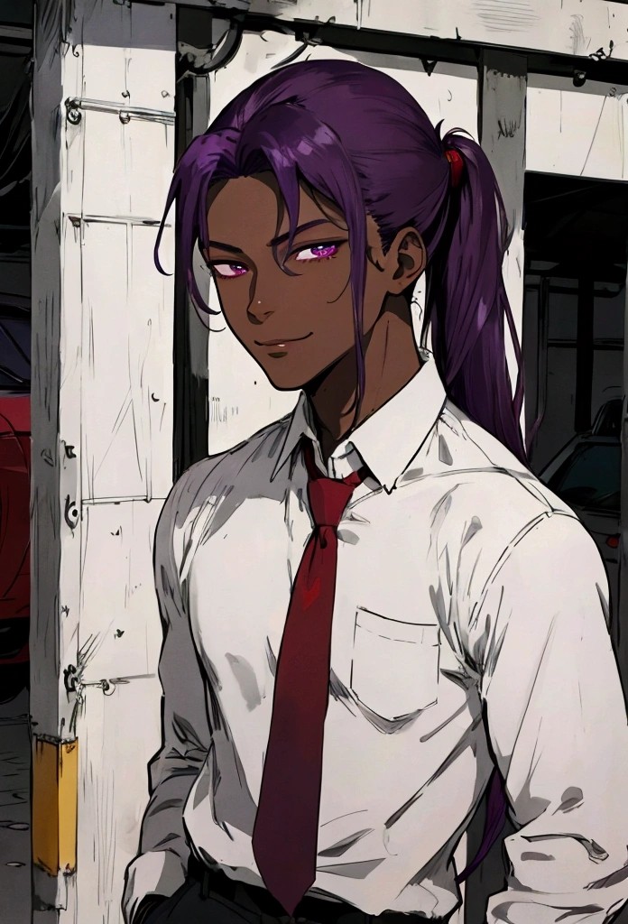 Work of art, best quality, realistic, 1 man, young man, charming, 19 years old, dark skin, half-closed eyes, smirk, extremely detailed face, ((red iris color)), ((Purple hair mullet style)), strong body, back of a garage full of cars, cinematic, wearing a white shirt, beige pants, hands in pockets.]