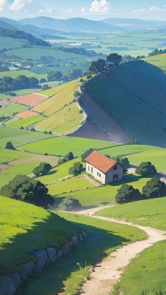 Simple and ancient rural landscape painting com uma casinha simples