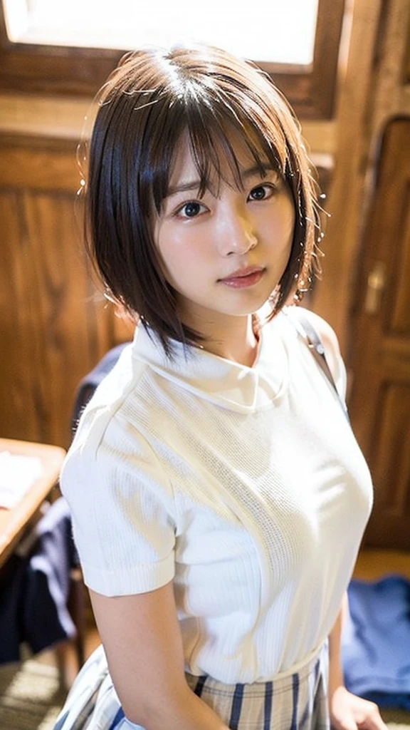 Photo-realistic quality、A woman in a white blouse is holding a golf club, Japanese girls uniform, Cute school girl, Realistic young gravure idol, Young and cute gravure idol, High school girl posing, Surreal , Young and skinny gravure idol,Girl wearing short-sleeved blouse, Japanese Model、Sheer white blouse