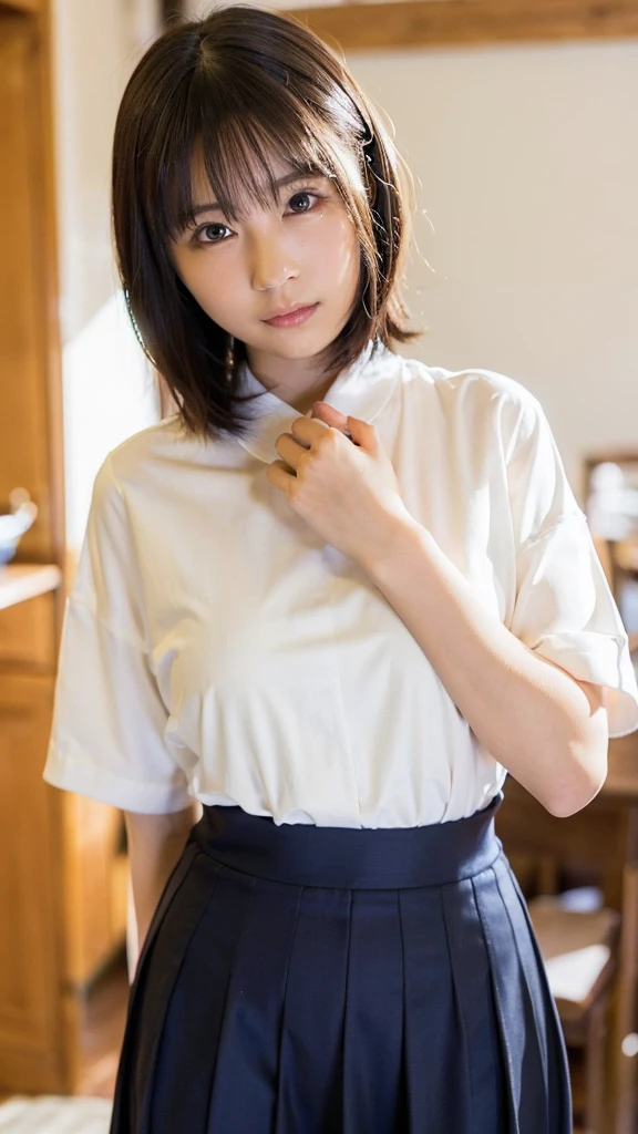 Photo-realistic quality、A woman in a white blouse is holding a golf club, Japanese girls uniform, Cute school girl, Realistic young gravure idol, Young and cute gravure idol, High school girl posing, Surreal , Young and skinny gravure idol,Girl wearing short-sleeved blouse, Japanese Model、Sheer white blouse