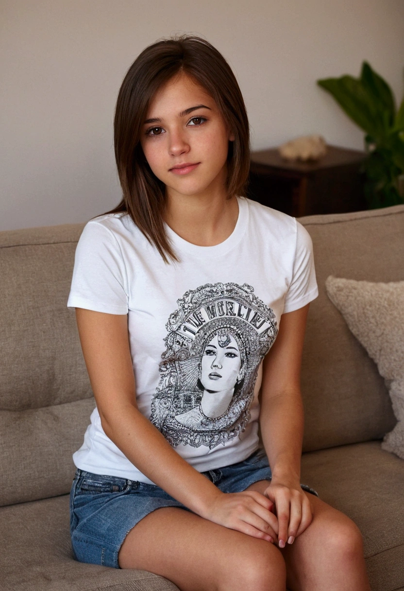 1fille,brune,21 ans, Brown eyes,bare,best quality, head of'artwork, 8K,brut photo, photo (subject), extremely detailed, brut,realistic,session, regarder le spectateur,jea1ns,t-shirt blanc,Longhaire,Brown hair, couch, assise