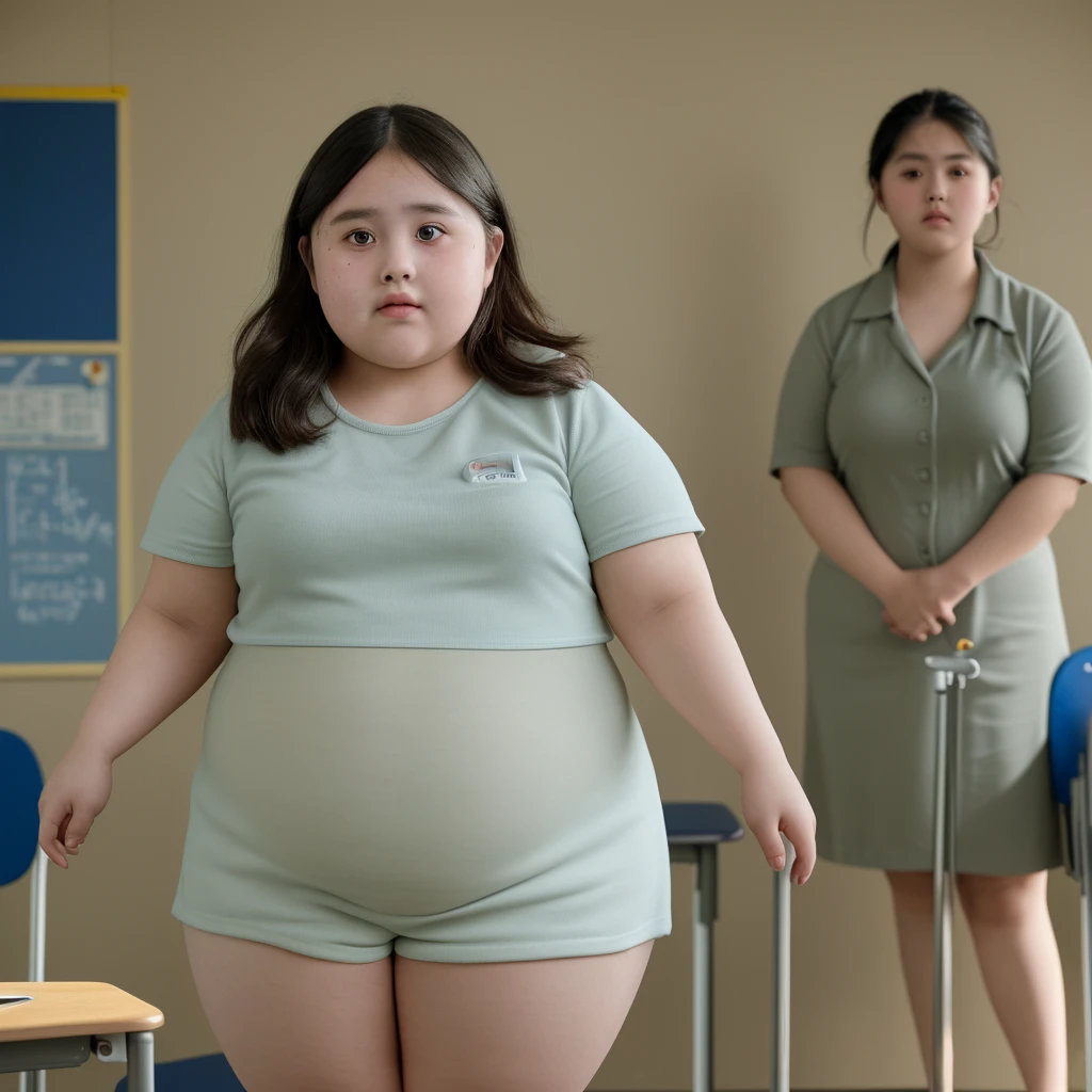 Group a obese girl, chubby cheeks, round face, double chin, thick arms and legs, wearing a , standing in a school setting, realistic, detailed, highly detailed, intricate details, photorealistic, 8k, masterpiece, cinematic lighting, dramatic shadows, vibrant colors