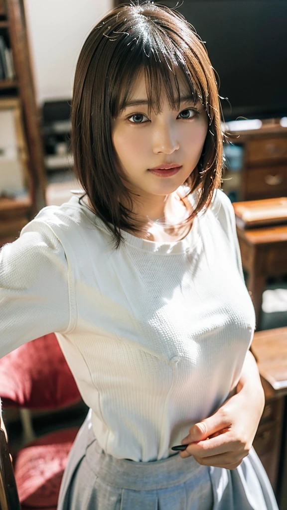 a woman in a white blouse holding a golf club, japanese uniform, cute , realistic young gravure idol, young and cute gravure idol, high school girl posing, surreal, young and skinny gravure idol, girl wearing short-sleeved blouse, japanese model, sheer white blouse, (best quality,4k,8k,highres,masterpiece:1.2),ultra-detailed,(realistic,photorealistic,photo-realistic:1.37),HDR,UHD,studio lighting,ultra-fine painting,sharp focus,physically-based rendering,extreme detail description,professional,vivid colors,bokeh,portraits