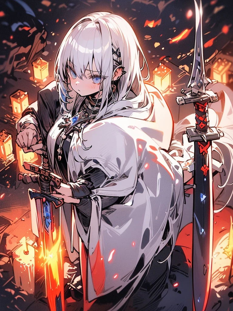 (late afternoon,dense atmosphere,cold,sensual,medieval,hurricane,Lightning,eyeing,eye),(8k highly detailed),female, white hooded cloak, long white hair,Full body silver armor,tired,masterpiece,mature,slim,tall,(((((holding a sacred sword))))),dark fantasy,cinematic light,dymanic shadow,blue eyes