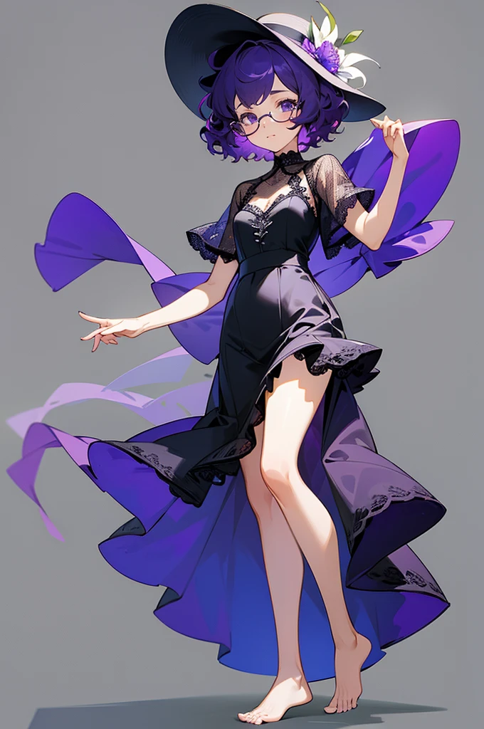 one girl, short very curly purple hair with dark purple strand, glasses, two-piece black and white color lace flower theme simple swim outfit, simple detaled, lovable, no background, dynamic cute pose,, full body ,detaled feet,short blouse with fishnet, flowers,art, long airy skirt, summer hat,