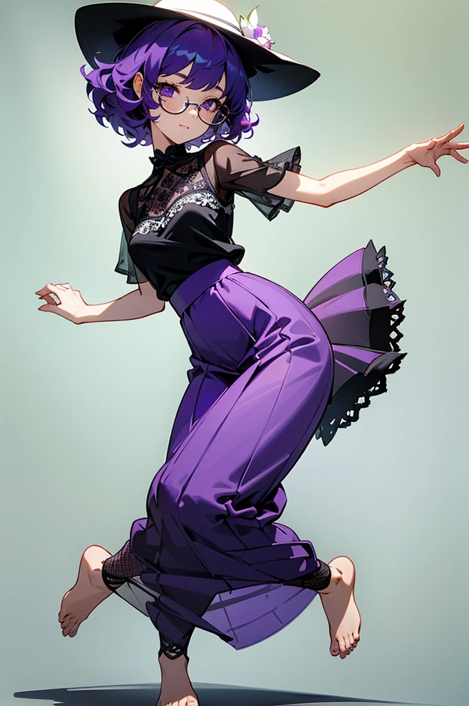 one girl, short very curly purple hair with dark purple strand, glasses, two-piece black and white color lace flower theme simple swim outfit, simple detaled, lovable, no background, dynamic cute pose,, full body ,detaled feet,short blouse with fishnet, flowers,art, long airy skirt, summer hat,
