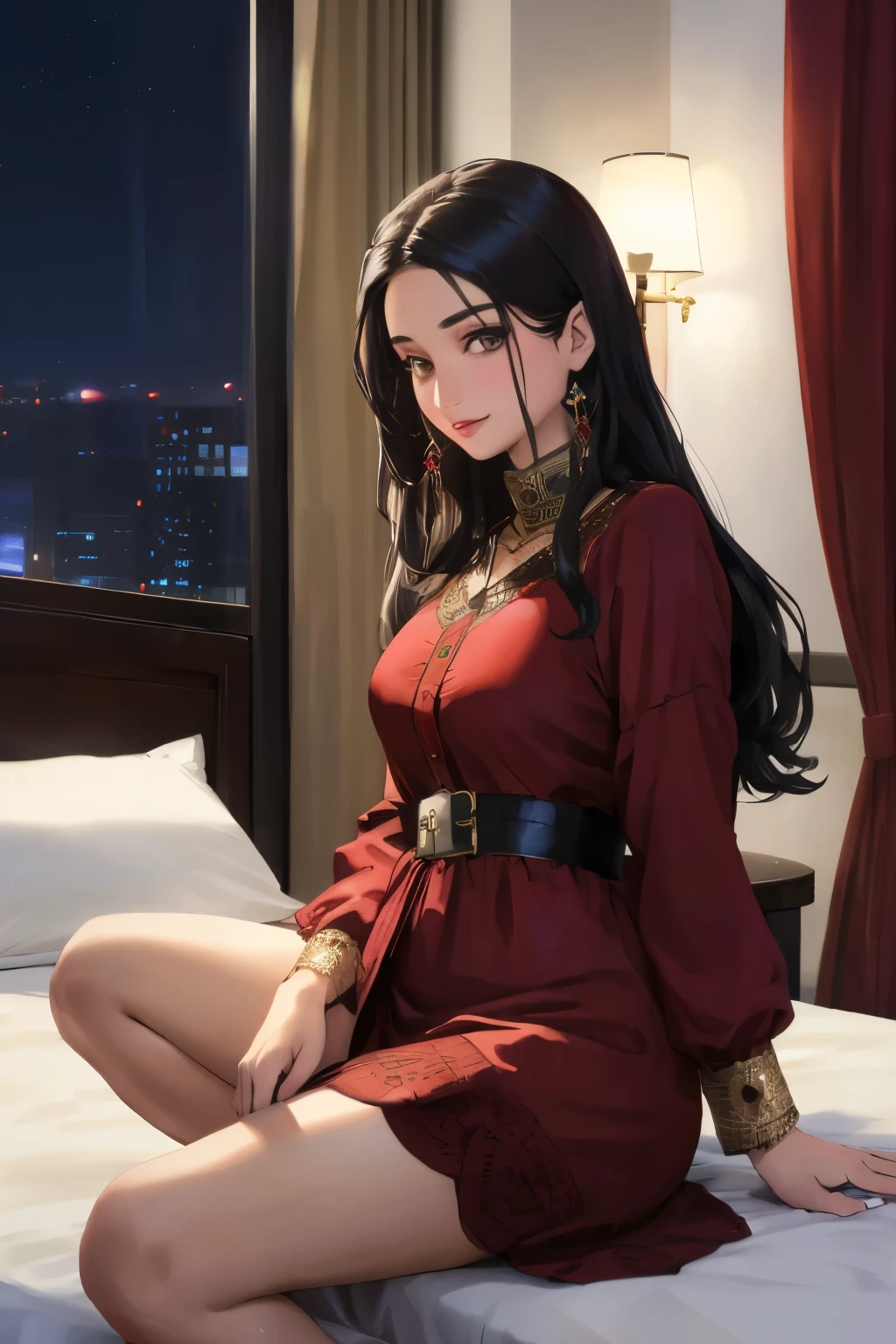 Afghan model girl, (34 years old), in the hotel, night, sitting on a bed, satisfied expression, (from front view), (face and skin details), (masterpiece, best quality, highly detailed, hyper realistic)