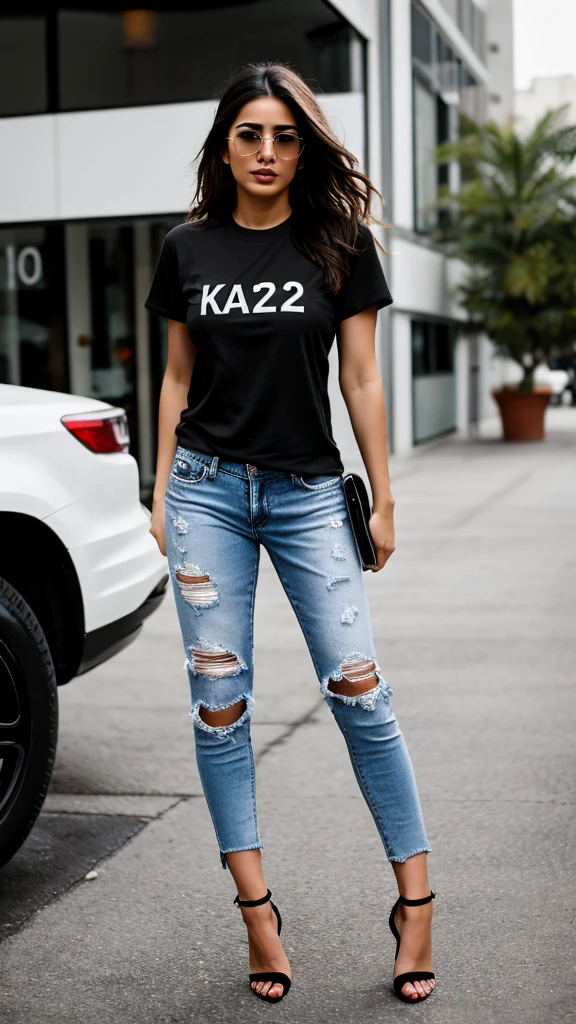 Latina woman 25 years old ,stable model ,transparent lenses  ,with black t-shirt with the letters "K2"  and ripped jeans black high heels 