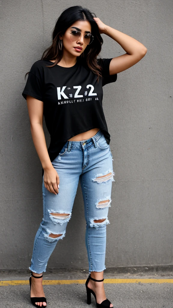 Latina woman 25 years old ,stable model ,transparent lenses ,with black t-shirt with the letters "K2" and ripped jeans black high heels